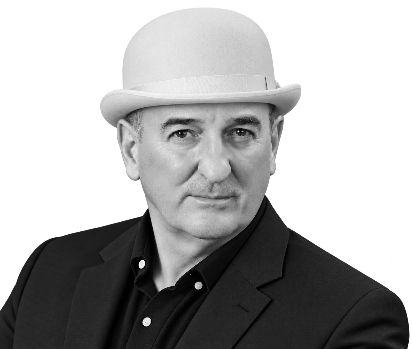 A figure in a white bowler hat
